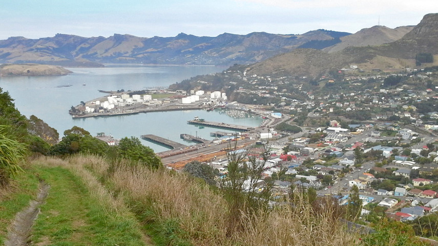 Lyttelton town and harbour viewed from a hillside path, with piers, buildings, and surrounding hills by the water. 